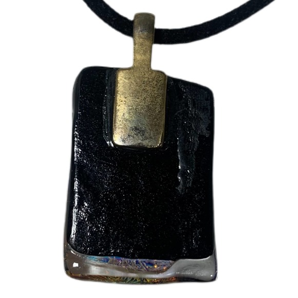 Handmade Art Glass Bubble Foil Style Black Blue Silver Tones Pendant Jewelry - Picture 3 of 4